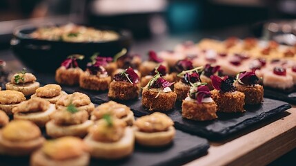 Diverse, beautifully arranged appetizers and canapes presented on black slate platters, providing a gourmet finger food selection ideal for catering events and party buffets
