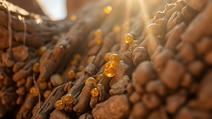 Obraz premium boswellia. Close-up of a tree trunk with golden resin droplets glistening in sunlight. gardening catalogs, home-decor guides, designed for home decor and floral branding, used by hr managers.