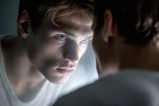 Looking into the mirror reveals introspection and contemplation in a quiet setting