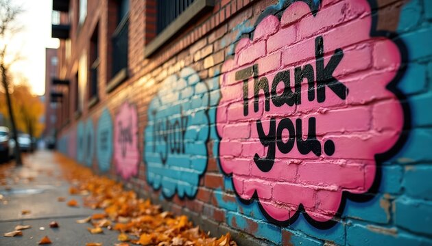 Bright graffiti saying thank you on a brick wall outside. Colorful speech bubbles with lettering on urban building facade. Fallen autumn leaves cover the sidewalk.