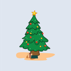 Cartoon Christmas tree illustration with star topper and festive red ornaments, featuring wrapped presents underneath. Perfect for holiday design, seasonal greeting cards, web, and print