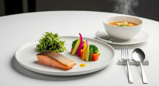 Gourmet Pan-Seared Salmon Fillet with Vegetables and Steaming Soup