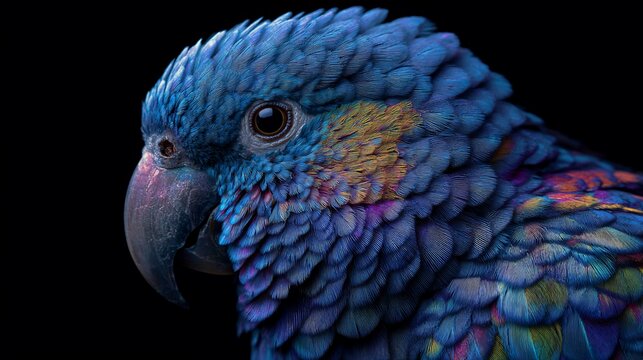Colorful parrot headshot, textured blue plumage, eye detail on dark background