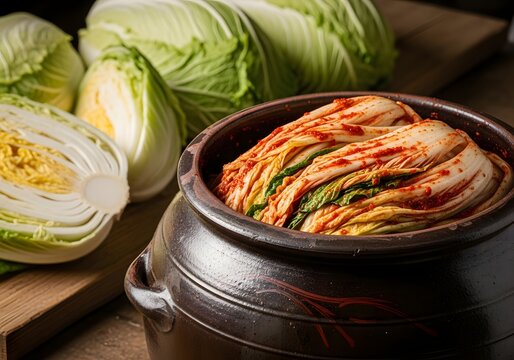   A rustic onggi pot with fresh kimchi and cabbages