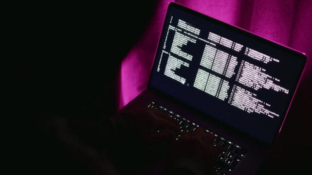 Laptop screen showing security logs at night, magenta curtain ambient light, analyst crosschecking alerts and threats, detailed terminal output and console activity, tense investigative mood concept