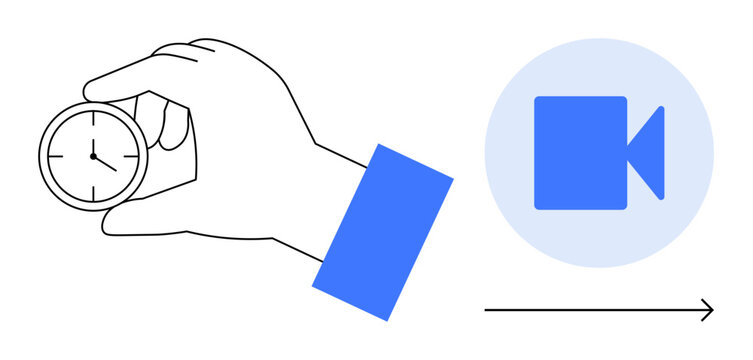 Hand holding stopwatch beside video camera icon with arrow indicating progression. Ideal for time management, efficiency, workflow, productivity, video editing, deadlines, simple flat metaphor