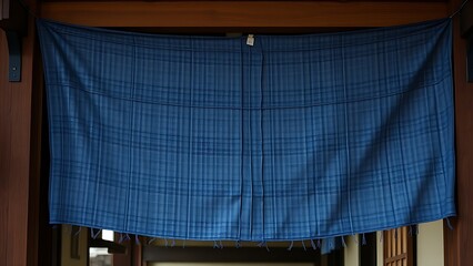 noren. A traditional indigo-dyed fabric noren at an entrance, textile texture with natural folds. event programs, museum guides, designed for cultural heritage projects and event programs.