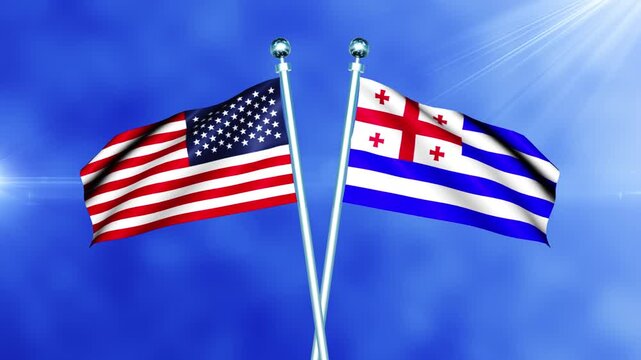 USA and Ajaria Flag Waving On Pole Loop