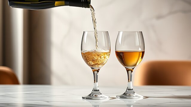 decanting. An elegant wine bottle and crystal glasses on a marble surface, with golden liquid pouring in slow motion. bar promotions. - Powered by Adobe