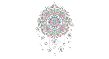Ornate Pink and Blue Floral Mandala Dreamcatcher with Dangling Elements.