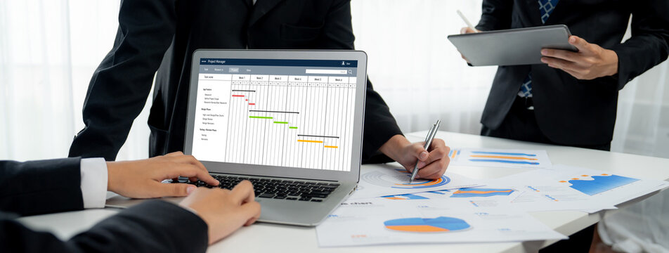 Project planning software for brisk business project management on the computer screen showing timeline chart of the team project