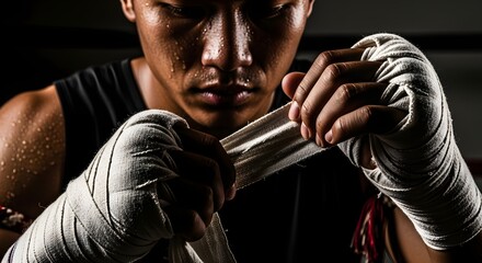 Preparing for the Arena: A focused combatant expertly wraps his hands, a display of strength, discipline, and anticipation before a match. Capturing the intensity, strength.