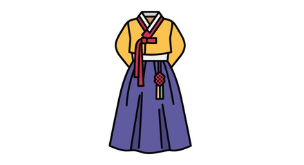 Vibrant Traditional Korean Hanbok Dress Illustration with Yellow Jeogori and Purple Chima.