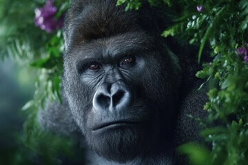 Obraz premium Majestic gorilla gazes through lush greenery in a vibrant jungle setting