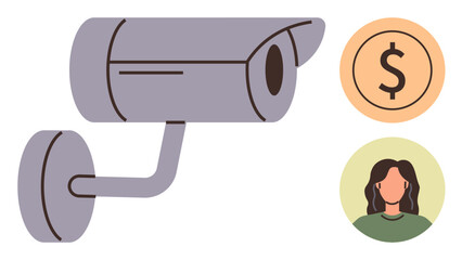 Large surveillance camera alongside a dollar sign and a human profile. Ideal for privacy, security, monitoring, technology, economics, safety, personal data. A simple flat metaphor