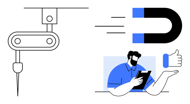 Machine tool performing operations, magnet attracting elements, person evaluating data. Ideal for automation, technology, manufacturing, quality control, efficiency, industrial innovation simple