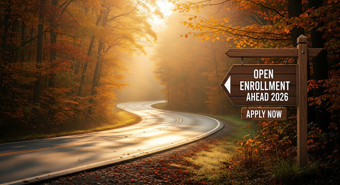 Open enrollment ahead 2026 apply now directional sign on a misty autumn road