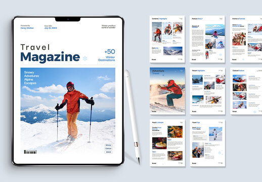 Snow Sports and Ski Guide Digital Travel Magazine Template for Agency Promotion