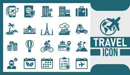 Comprehensive Travel Icon Collection Showcasing Global Tourism, Adventure Exploration, Transportation, and Vacation Lifestyle Concepts
