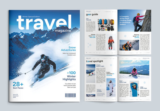 Winter Travel Magazine Template with Ski Adventure Editorial Layout Design