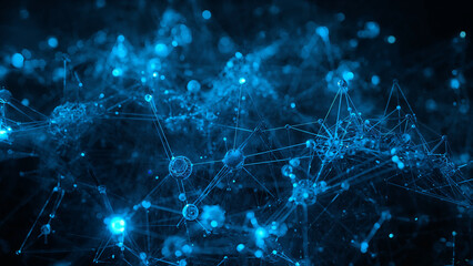 Abstract Blue Molecular Network Connection Glowing in Dark Space