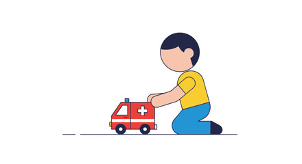A young boy in a yellow shirt kneeling and playing with a red toy ambulance.