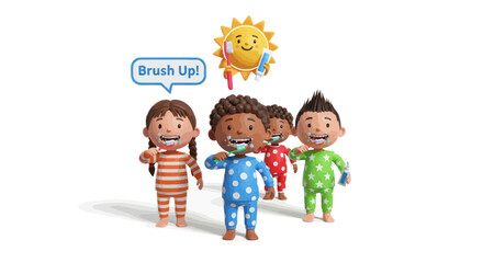 Cheerful cartoon children in pajamas brushing teeth with a smiling sun.