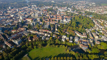 Aerial panorama view of the city Hanau in Germany on a sunny morning in autumn, fall.