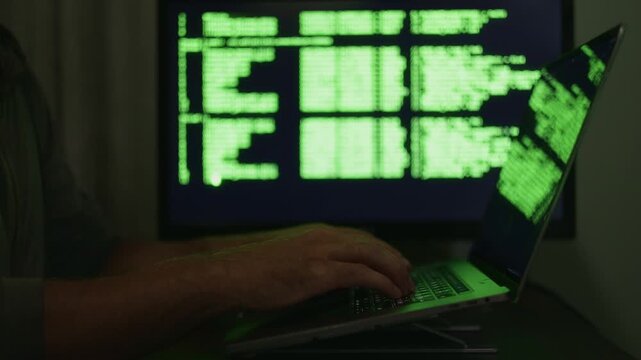 Engineer analyzing security vulnerabilities secretly, Nighttime security expert reviewing digital threat data carefully, Dark room ambiance with focused cybersecurity specialist working diligently