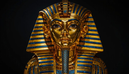 Close up of tutankhamuns golden burial mask against a black background