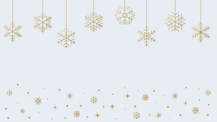 Golden snowflake background with hanging ornaments and falling sparkles, elegant winter holiday template for Christmas or New Year greeting card design
