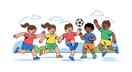 Diverse Group of Happy Children Playing Soccer Outdoors.