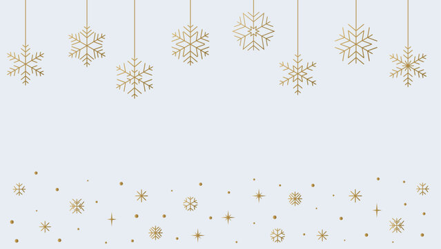 Golden snowflake background with hanging ornaments and falling sparkles, elegant winter holiday template for Christmas or New Year greeting card design