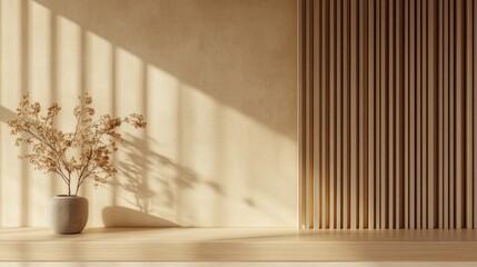 Sunlit minimalist room, wooden wall, dried flowers, calm interior, product display