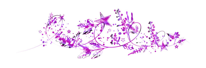 Decorative Christmas botanical design combining winter foliage, holly berries, pine needles, swirling festive elements, stars and natural seasonal branches in a refined artistic composition.