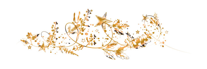 Artistic botanical Christmas composition with holly, pine twigs, festive stars, swirling ornament lines and winter foliage arranged together in an elegant decorative seasonal illustration.
