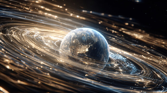 Abstract digital Earth with glowing city lights, encompassed by orbiting, high-speed streaks of golden and blue data or energy lines, symbolizing fast global communication and technology - Powered by Adobe