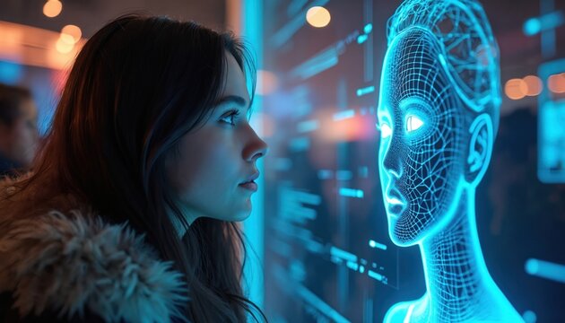 Young woman looks at glowing blue digital avatar projected on screen. Futuristic tech displays data. Future interaction concept. AI interface.