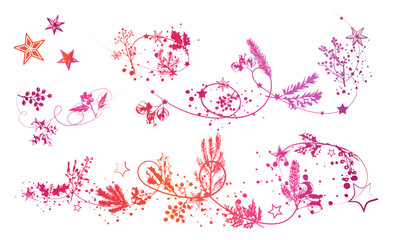 Decorative Christmas botanical vector with stars, holly, pine branches and swirling festive lines in gradient colors.