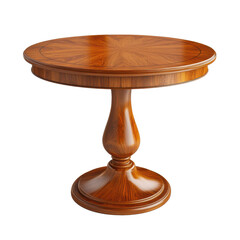 Antique wooden pedestal table with carved details and a round top isolated on transparent background
