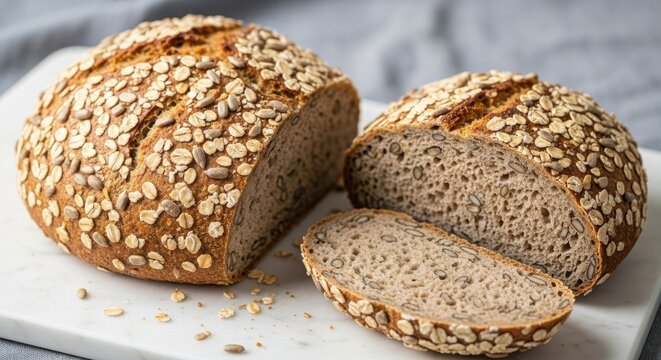 Hearty artisan whole grain bread loaf covered in oat flakes and sunflower seeds, freshly cut, showing its delicious texture on a marble surface.