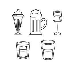 Outline Beverage Glassware Set for Menu Design. Line Art Vector Icons of Drinks, Beer, and Wine. Minimalist Restaurant and Bar Clipart Collection.