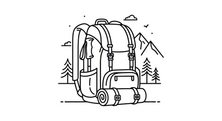 Detailed Black and White Backpack with Hiking Gear Illustration.