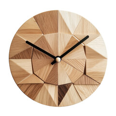 Rustic geometric wooden wall clock with black hands showing time on a transparent background isolated on transparent background
