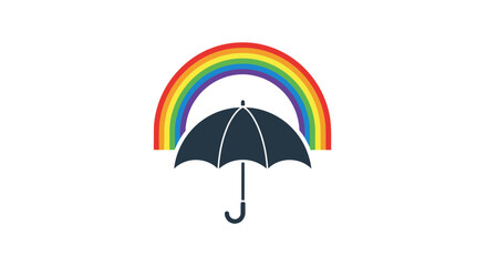 Simple graphic icon of a black umbrella under a colorful rainbow arc.
