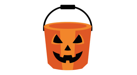 Orange Halloween trick-or-treat bucket with jack-o-lantern face and black handle.