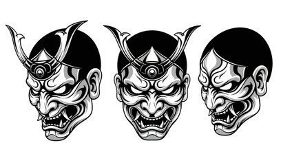 Japanese Oni Hannya Demon Mask Vector Set - Traditional Asian Culture and Tattoo Design