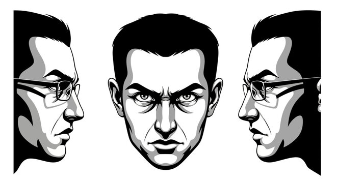 Vector Set of Angry Man Face Portraits - Intense Male Character or Boss Mascot
