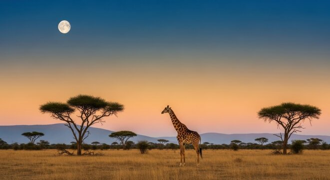 Majestic giraffe stands peacefully in vast African savanna landscape under a bright full moon during a colorful sunset twilight with acacia trees. - Powered by Adobe