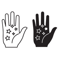 Mystical Hand Icon with Stars and Sparkles, Outline and Glyph Style